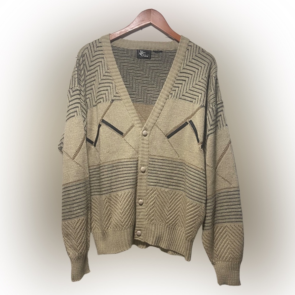 Vintage Alan Stuart Coogi Style Cardigan Sweater Men's XL Brown Beige Black